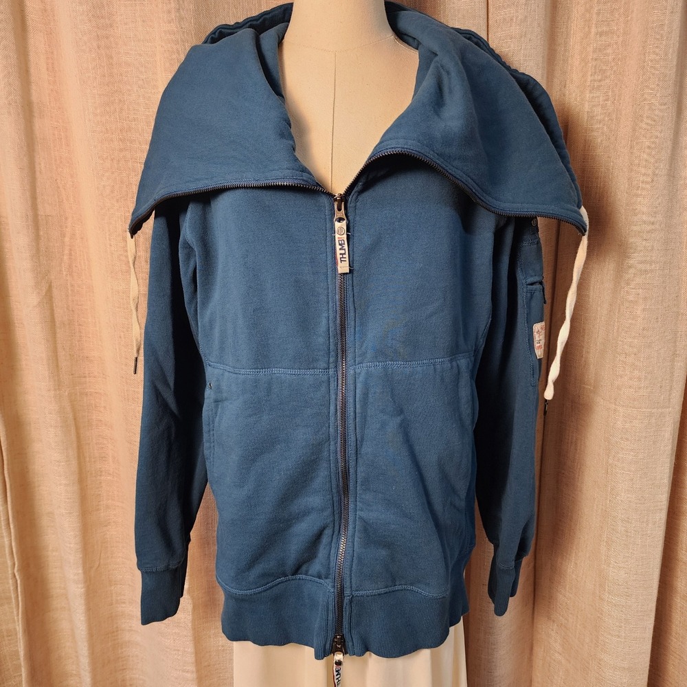 THUMB! Women Full Zip Hoodie Teal Blue Utility Pocket Thumbhole Cuffs L Large